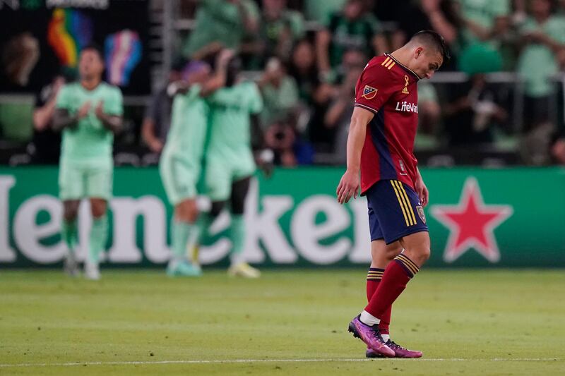 Real Salt Lake midfielder Braian Ojeda hangs his head