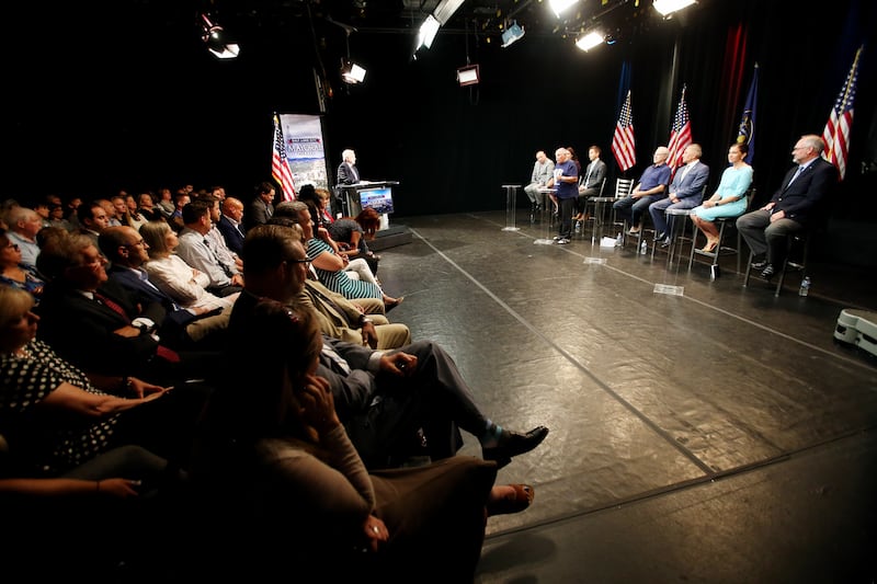 Audience members watch as Salt Lake City mayoral candidates debate from the KSL-TV studios in Salt Lake City on Monday, July 15, 2019.
