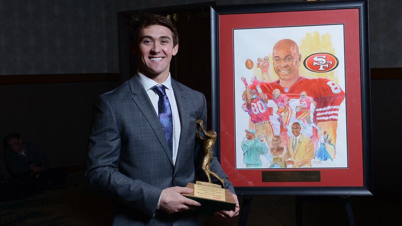 Weber State's Josh Davis poses after being presented with the Jerry Rice Award at the FCS STATS banquet on Friday, Jan. 4, in Frisco, Texas. This award honors the nation's top freshman.
