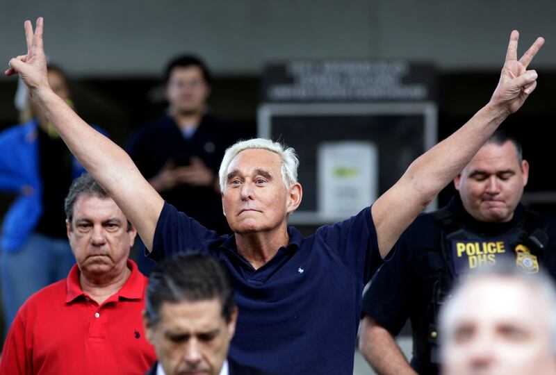 Former campaign adviser for President Donald Trump, Roger Stone walks out of the federal courthouse following a hearing, Friday, Jan. 25, 2019, in Fort Lauderdale, Fla. Stone was arrested Friday in the special counsel's Russia investigation and was charge