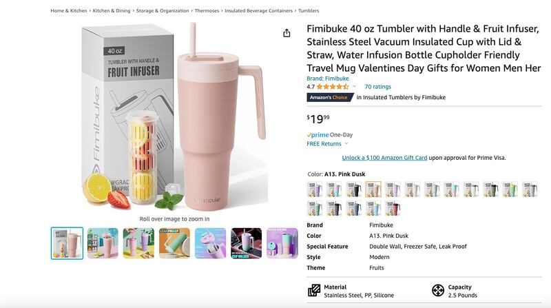 The Fimibuke 40-ounce tumbler with fruit infuser is pictured on Amazon’s web page on Jan. 26, 2024.