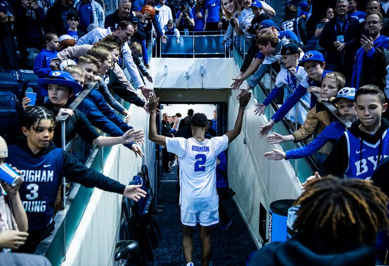 BYU guard Jaxon Robinson exits the court following the Cougars comback victory over TCU Saturday, March 2, 2024, at the Marriott Center in Provo.
