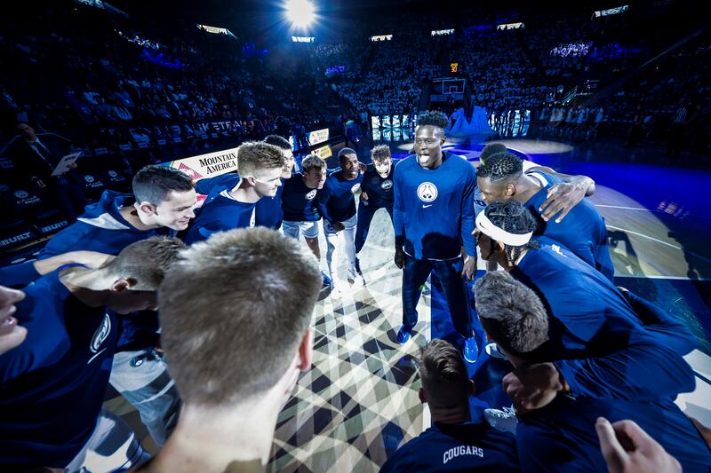 BYU players huddles before what would be a tough battle against Idaho State Monday, Nov. 7, 2022, in Provo.
