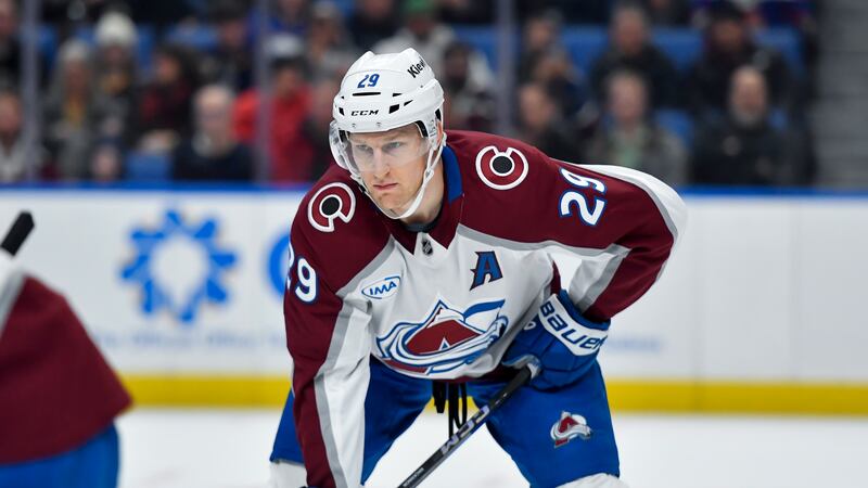 Colorado Avalanche center Nathan MacKinnon (29) skates during game against the Buffalo Sabres in Buffalo, N.Y., Tuesday, Dec. 3, 2024.