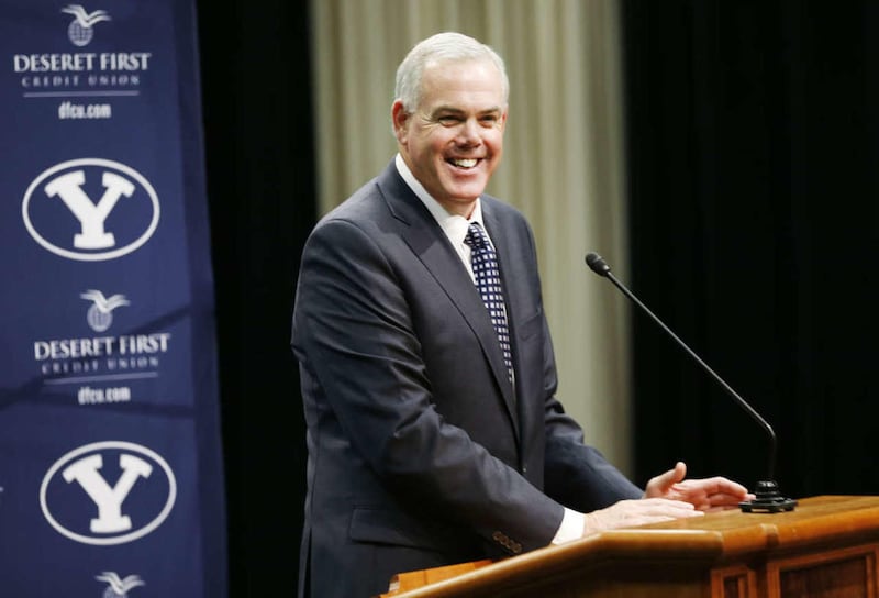 BYU head coach Dave Rose speaks during media day in Provo Thursday, Oct. 2, 2014.
