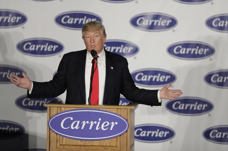 President-elect Donald Trump speaks at Carrier Corp. on Thursday, Dec. 1, 2016, in Indianapolis.