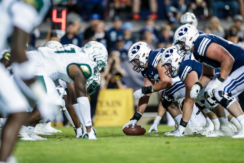 BYU’s offensive line prepares for snap during game against South Florida Saturday, Sept. 25, 2021, at LaVell Edwards Stadium.