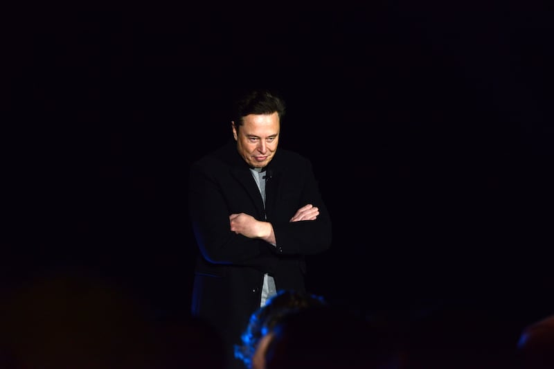 SpaceX’s Elon Musk provides an update on Starship on Thursday, Feb. 10, 2022, near Brownsville, Texas.