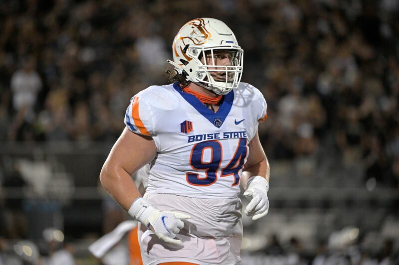 Boise State defensive tackle Jackson Cravens (94) jogs off the field after a play during the first half of an NCAA college football game against Central Florida on Thursday, Sept. 2, 2021, in Orlando, Fla.