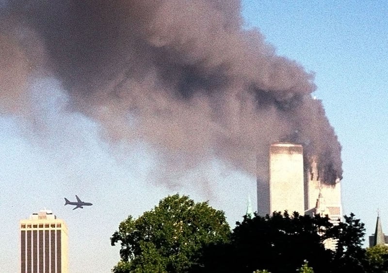An airplane approaches the south tower of the World Trade Center on 9/11.