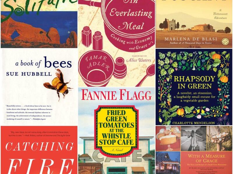 Slow Food Utah book club founder Gwen Crist recommends, among the other books shown here, "With a Measure of Grace: The Story and Recipes of a Small Town Restaurant."