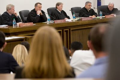 Members of the Utah Supreme Court hear oral arguments in State v. Grunwald at the J. Reuben Clark Law School at Brigham Young University on Monday, March 18, 2019, in Provo.
