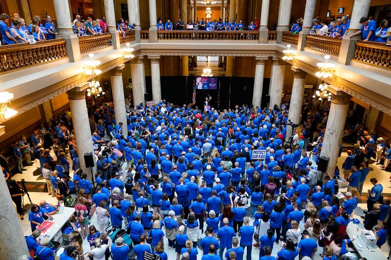 Anti-abortion supporters rally at the Statehouse in Indianapolis on July 26, 2022.