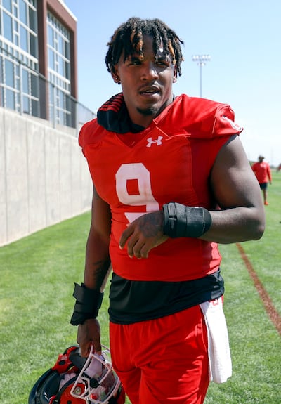Former Utah football player Tavion Thomas the media outside of the Spence and Cleone Eccles Football Center.
