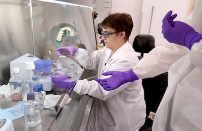Lawrie Allred hands a cell plate to a co-worker while seeding cells at Recursion Pharmaceuticals in Salt Lake City.