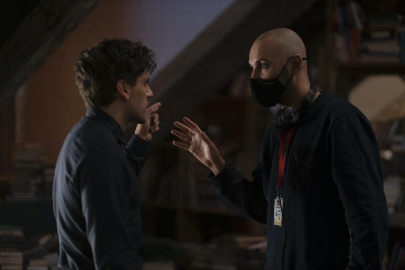 Oscar Isaac and director Mohamed Diab on the set of “Moon Knight.”