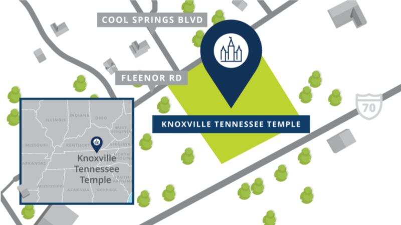 Map showing the location of the planned Knoxville Tennessee Temple of The Church of Jesus Christ of Latter-day Saints.