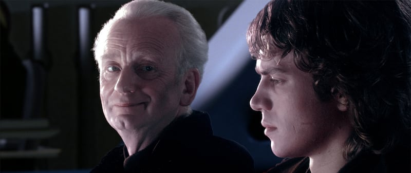 Emperor Palpatine (Ian McDiarmid) fills Anakin Skywalker (Hayden Christensen) with stories of power beyond belief.