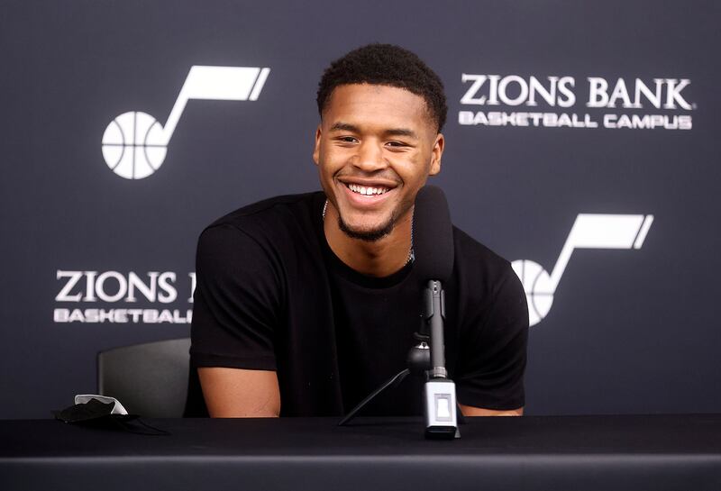 Utah Jazz guard Jared Butler speaks during a press conference in Salt Lake City.