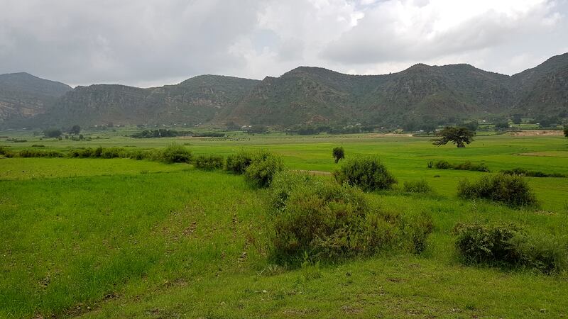 In this photo taken Saturday, Sept. 2, 2017, lands that were previously damaged by drought are seen after their recovery due to intensive water and land conservation efforts, at the Adi Felesti irrigation project in the northern Tigray region of Ethiopia.