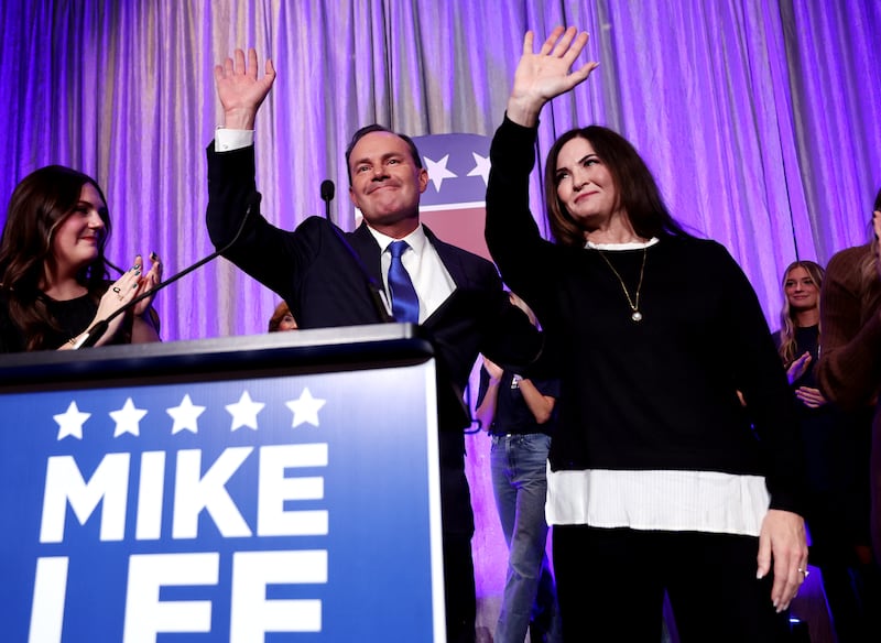 Sen. Mike Lee speaks to a crowd of supporters at an election party at the Hyatt Regency in Salt Lake City.