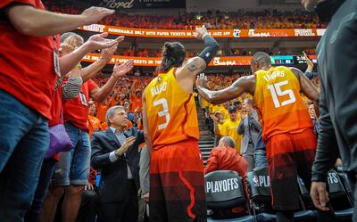 Utah Jazz guard Ricky Rubio (3) salutes the crowd after he is pulled once the game is in hand as the Utah Jazz host the Oklahoma City Thunder for game three of the 2018 NBA Playoffs at Vivint Smart Home Arena in Salt Lake on Saturday, April 21, 2018.