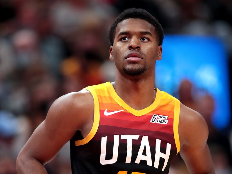 Utah Jazz guard Jared Butler looks into the stands during game vs. Oklahoma City to open the 2021-22 season at Vivint Arena.