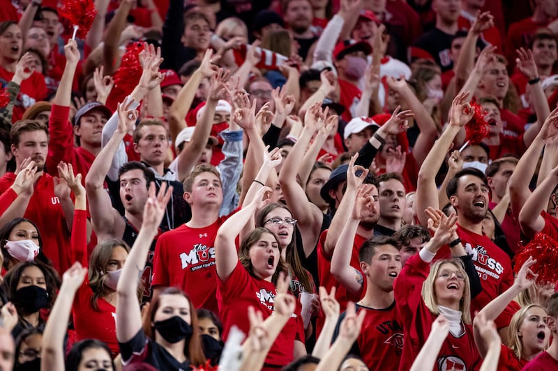 Utah Utes fans cheer during the Pac-12 championship game against the Oregon Ducks at Allegiant Stadium in Las Vegas.