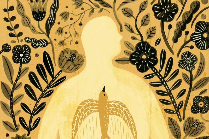 Illustration of a man lying with flowers