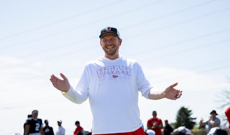 Utah OC Jason Beck during spring practice at Spence and Cleone Eccles Football Center in Salt Lake City, on Thursday, April 10, 2025.