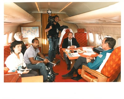 Lucky Severson interviewing then-Vice President George H.W. Bush aboard Air Force Two. They traveled with a camera crew from New York that helped with coverage during the political season in 1984.