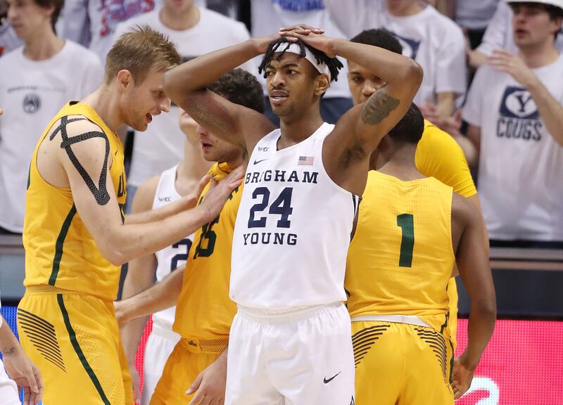 BYU Cougars forward Seneca Knight is called for a foul in Provo on Thursday, Feb. 3, 2022.