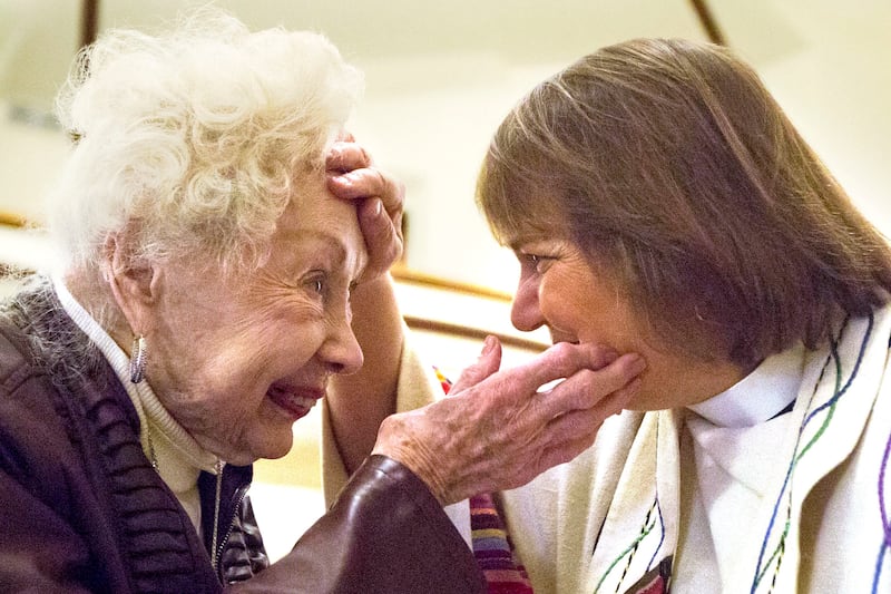 Bishop Karen Oliveto visits with a congregant while serving as guest preacher at First United Methodist Church in Salt Lake City on Sunday, Jan. 13, 2019. In February, leaders of the United Methodist Church will meet to decide how to approach ordination a