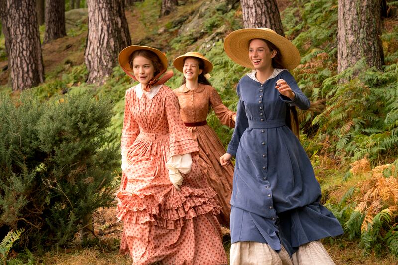 Willa Fitzgerald as Meg, left, Annes Elwy as Beth and Maya Hawke as Jo in Masterpiece's "Little Women."