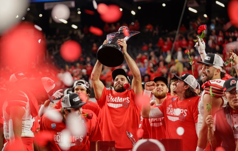 The Utah Utes celebrate winning the Pac-12 championship after beating the USC Trojans on Friday, Dec. 2, 2022.