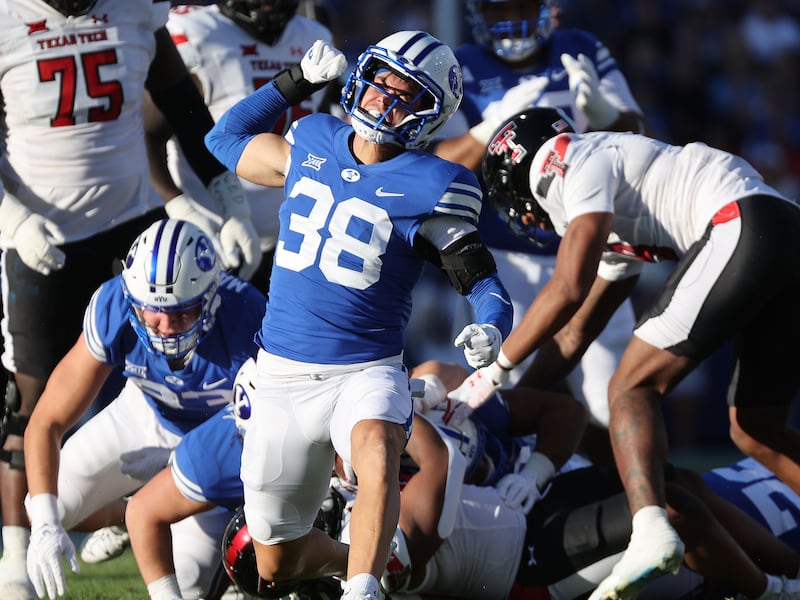 BYU safety Crew Wakley (38) reacts to a tackle for loss during a game against Texas Tech in Provo on Oct. 21, 2023.
