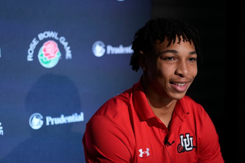 Utah running back Micah Bernard answers questions during a press conference ahead of the Rose Bowl game against Penn State.