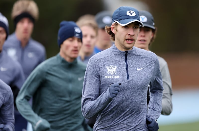 BYU’s Casey Clinger works out with his cross-country teammates at BYU in Provo on Wednesday, Nov. 9, 2022.
