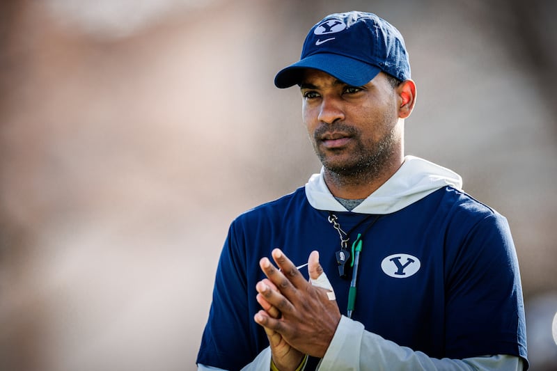 BYU cornerbacks coach Lewis Walker looks on during spring camp in Provo on Feb. 27, 2026.