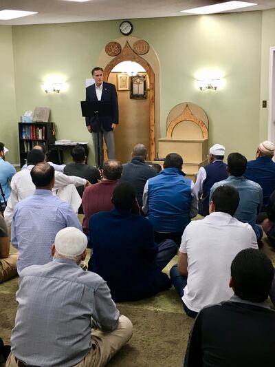 Republican Senate candidate Mitt Romney speaks at the Utah Islamic Center in Sandy on Friday, Oct. 26, 2018.