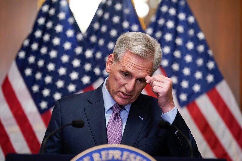 Rep. Kevin McCarthy, R-Calif., speaks to reporters hours after he was ousted as House speaker on Oct. 3, 2023, in Washington.