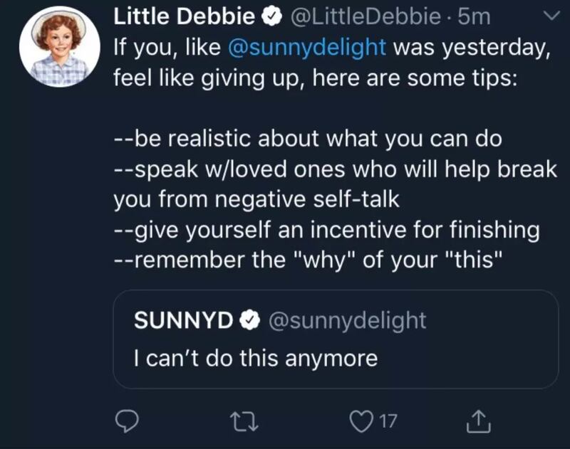 In a since-deleted tweet, Little Debbie responded to Sunny D's Super Bowl tweet with tips for those who "feel like giving up."