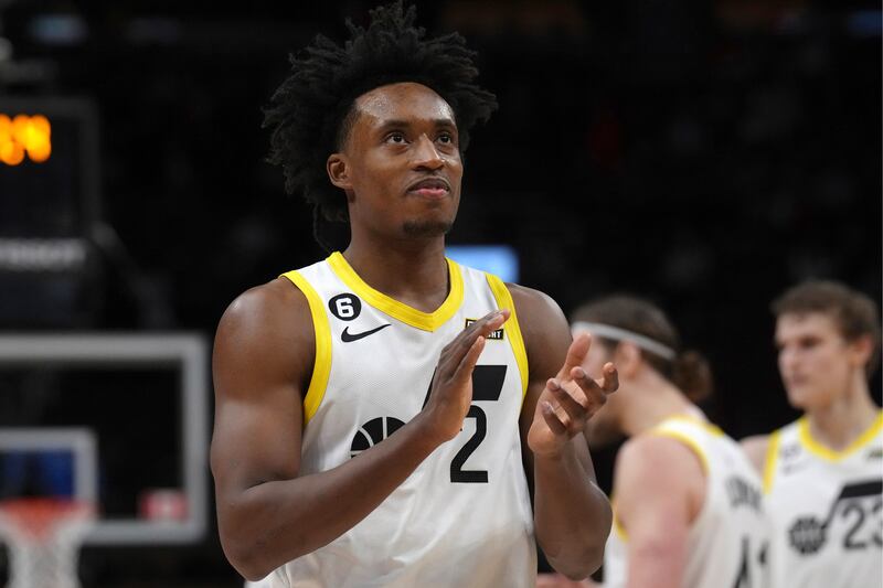 Utah Jazz’s Collin Sexton applauds during his team’s win over the Toronto Raptors in an NBA basketball game Friday, Feb. 10, 2023, in Toronto. (Chris Young/The Canadian Press via AP)