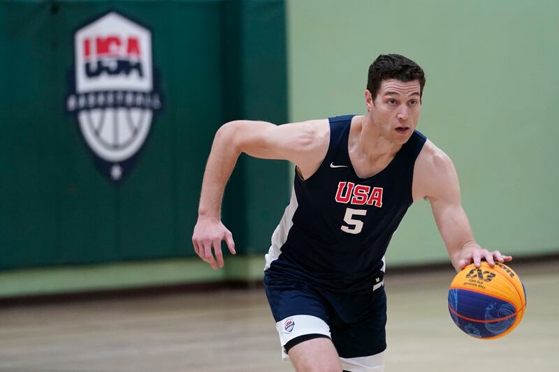 Jimmer Fredette is in action during practice for the USA Basketball 3x3 national team, Monday, Oct. 31, 2022, in Miami Lakes, Fla. (AP Photo/Lynne Sladky)