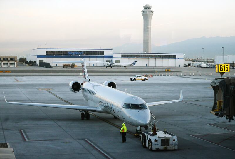 An American Eagle airline departs as Concourse B opens at the Salt Lake City International Airport in Salt Lake City on Tuesday, Oct. 27, 2020.