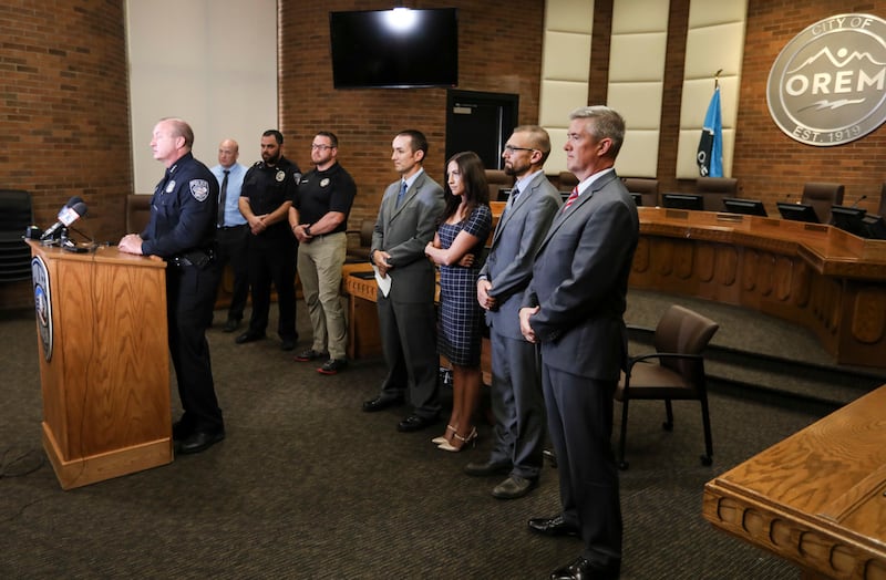Orem Police Chief Gary Giles speaks during a press conference at Orem City Hall on Wednesday, Aug. 7, 2019, where authorities discussed a plea deal in the murders Emily Almiron and her 3-year-old son Gabriel Almiron.