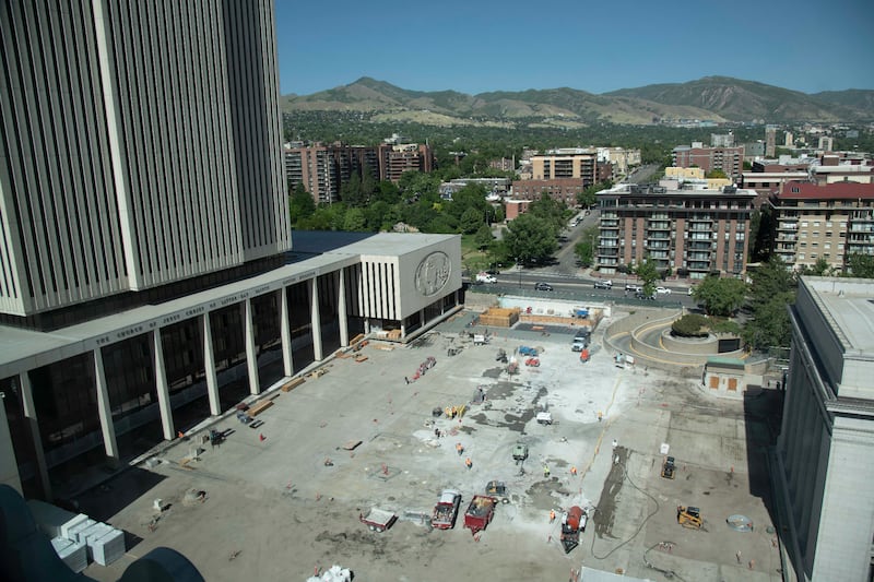 Crews have removed the large fountain from the Church Office Building plaza.