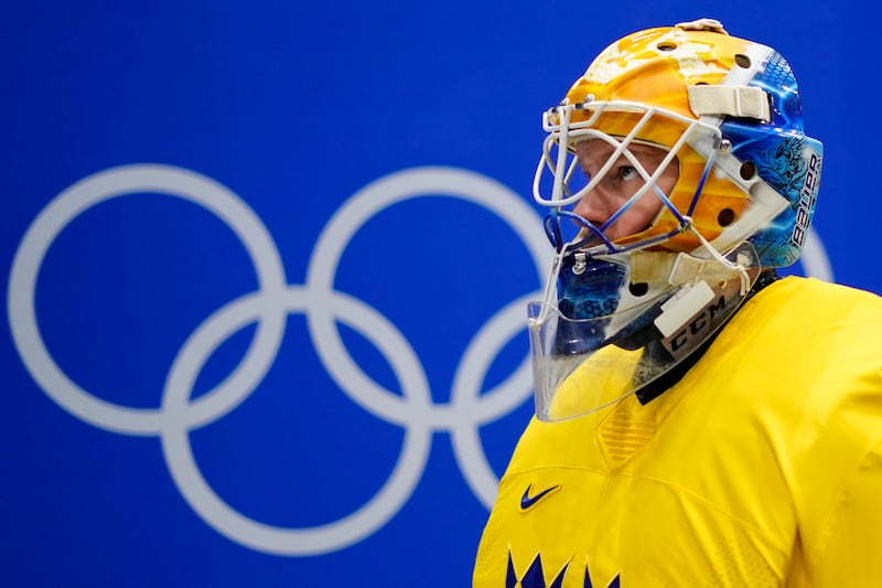 Sweden goalkeeper Magnus Hellberg takes to the ice for the men’s bronze medal game at he 2022 Winter Games.