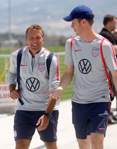 Former Real Salt Lake coach Jason Kreis and Jared Micklos, U.S. Soccer youth national teams director, leave a US U-23 men's training camp practice at the Zions Bank Real Academy training center in Herriman on Wednesday, June 12, 2019.