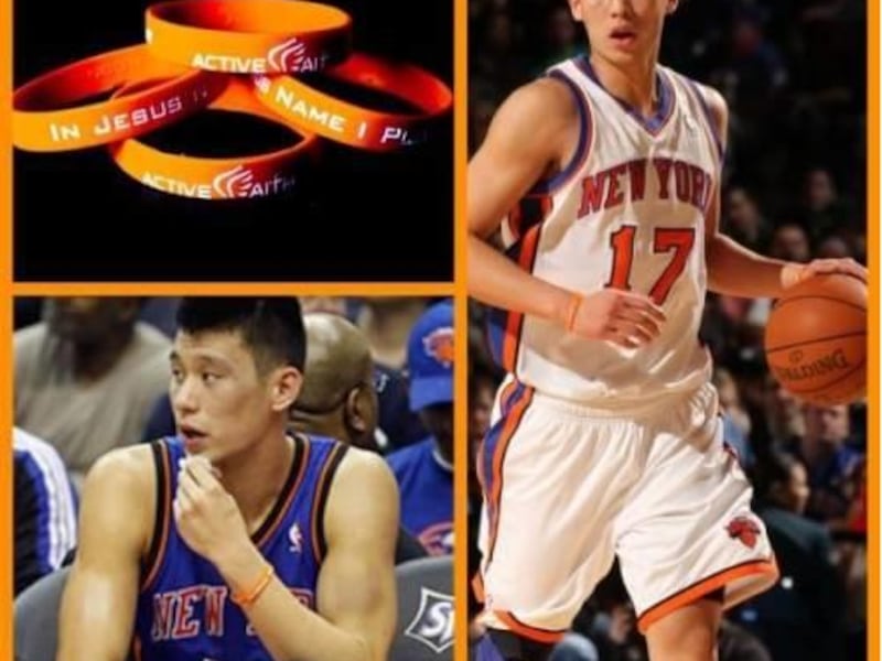 Jeremy Lin wears an Active Faith wristband emblazoned with "IJNIP": In Jesus' Name I Play.